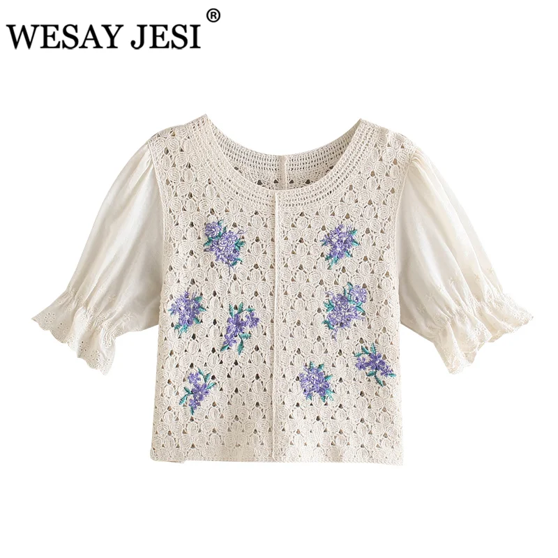 

WESAY JESI Women Clothes TRAF ZA Embroidered Pullovers Women Elegant Short Sleeve Single Breasted Hollow Out Female Pullovers