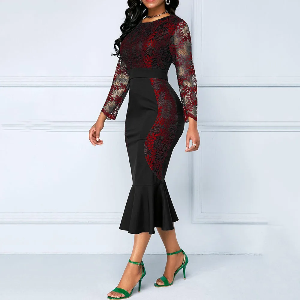 Женское осеннее элегантное платье русалки 2019 длинные рукава кружевное Цветочное