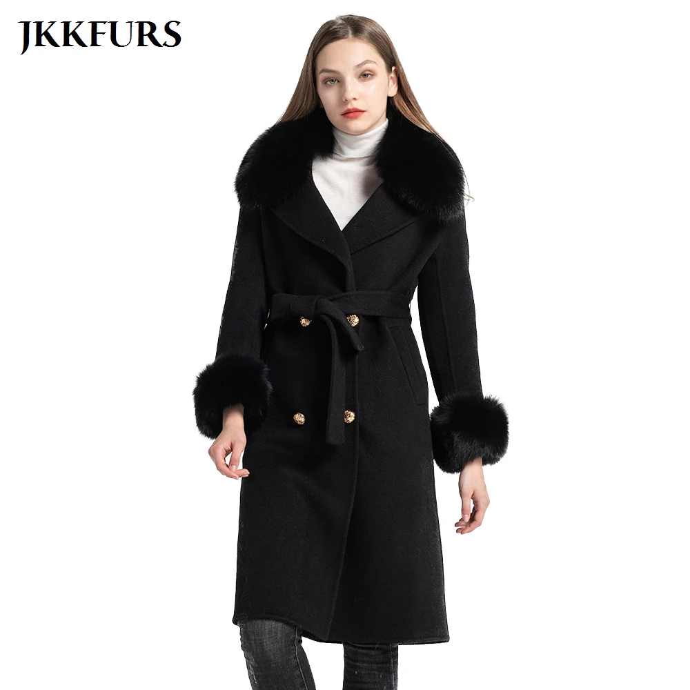 Женское шерстяное пальто роскошный Съемный пушистая лиса меховой воротник из