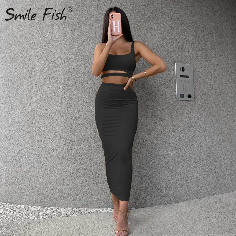 

Cut Out Club Dress Women Sexy Sleeveless Crop Tops Ankle Length Elastic Waist Solid Female Hollow Out 2 Piece Sets Dresses GV024