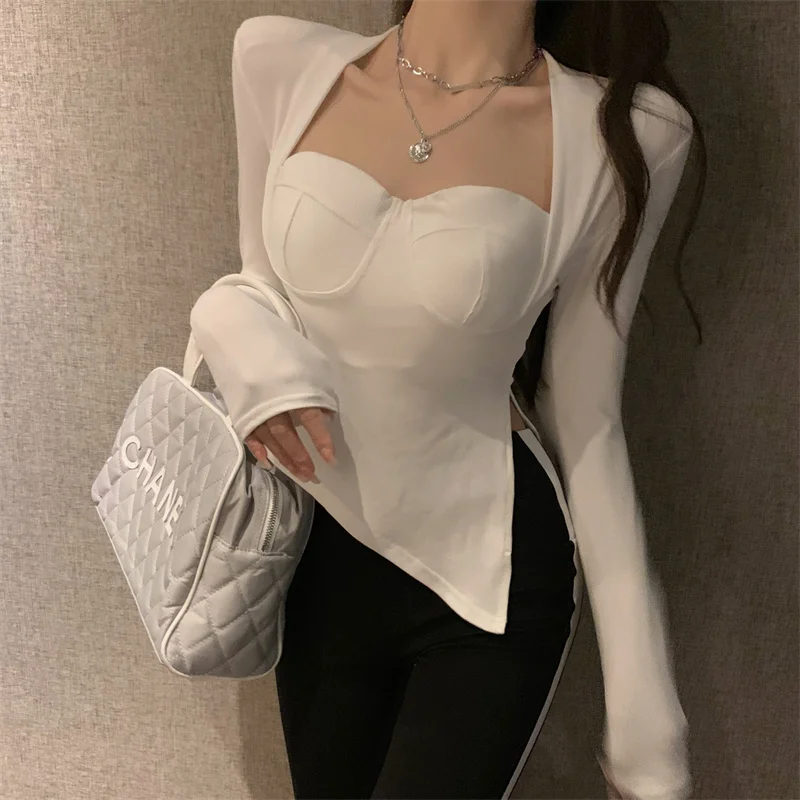 

Short long sleeve T-shirt bottom Shirt Top Women's autumn fashion design collar hot girl dress fafa_ootd