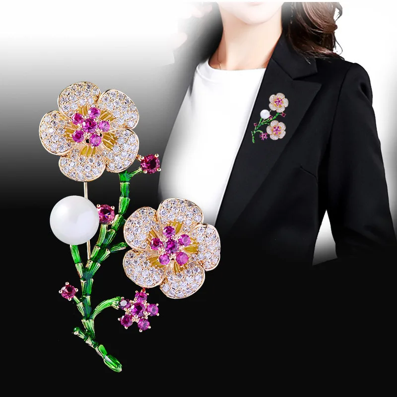 

OKILY Luxurious Plum Blossom with Pearl Brooch Pin Delicate Enamel Flower Floral Pins and Brooches for Women Valentine's Gift