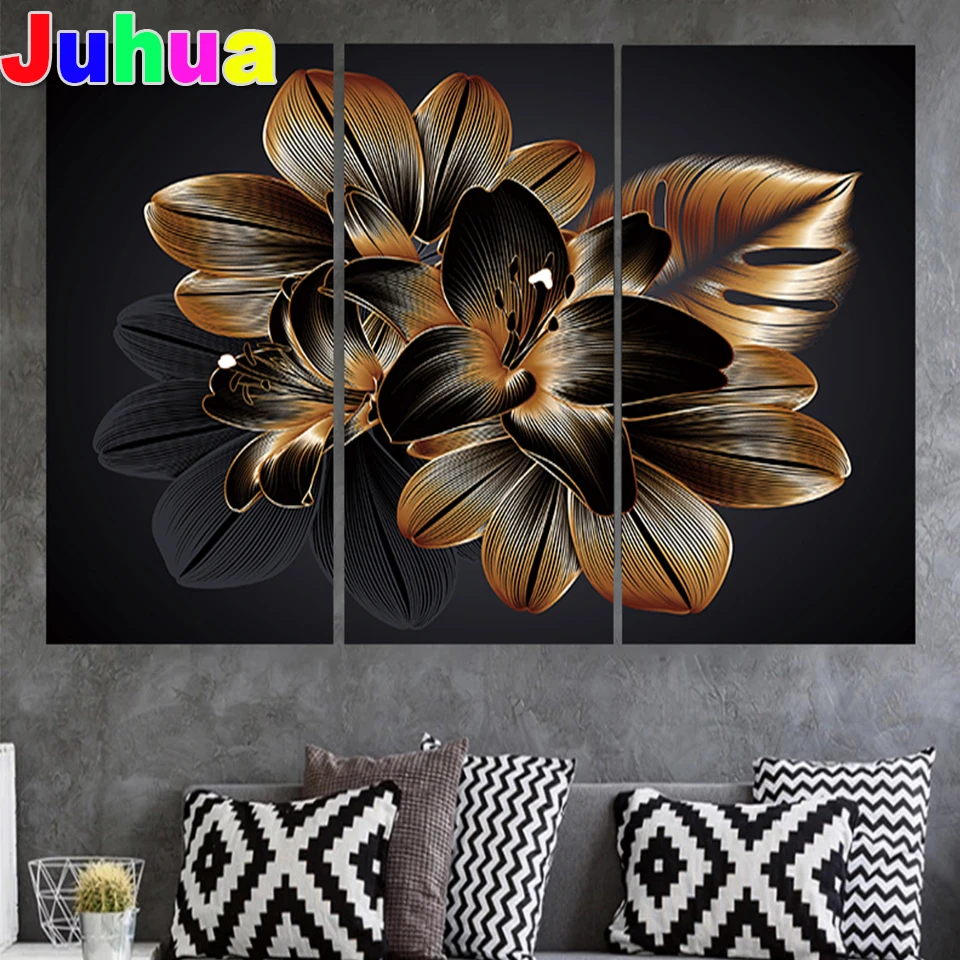 Full Square Round Drill Diamond Embroidery Golden Lily Flowers 5D Diy Painting Mosaic Abstract art Triptych Home Decor | Дом и сад