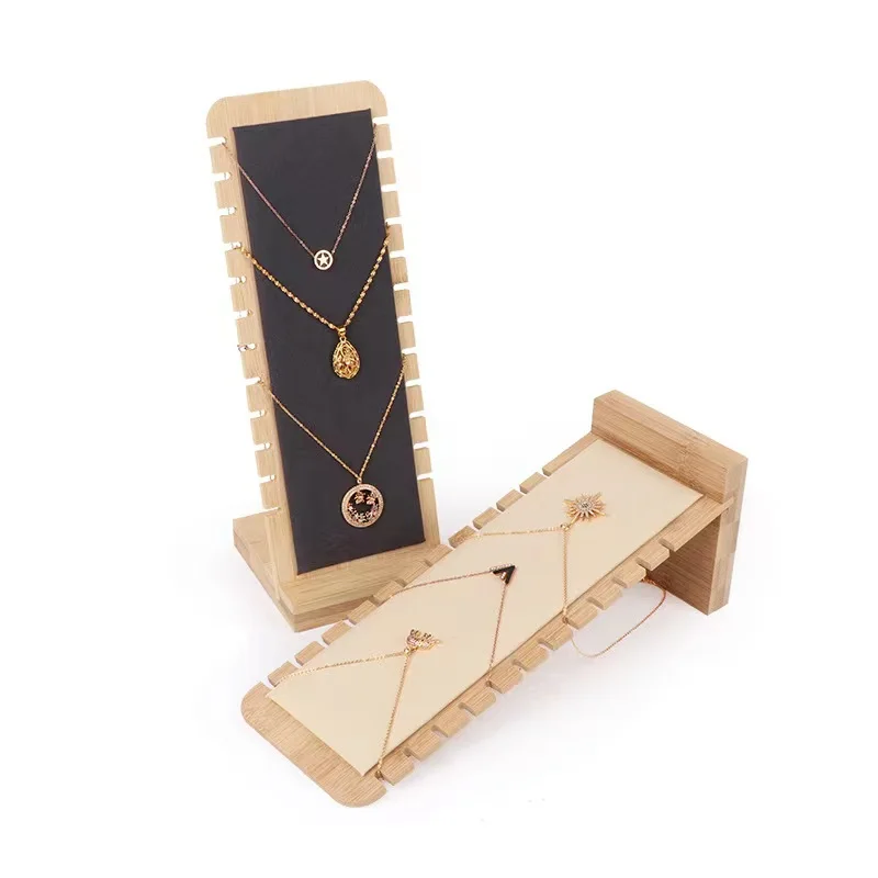

2pc Mall Shop Jewelry Display Stand Necklace Holder Long Chain Organizer Pendant Show Rack Wood Suede Necklace Show Tray