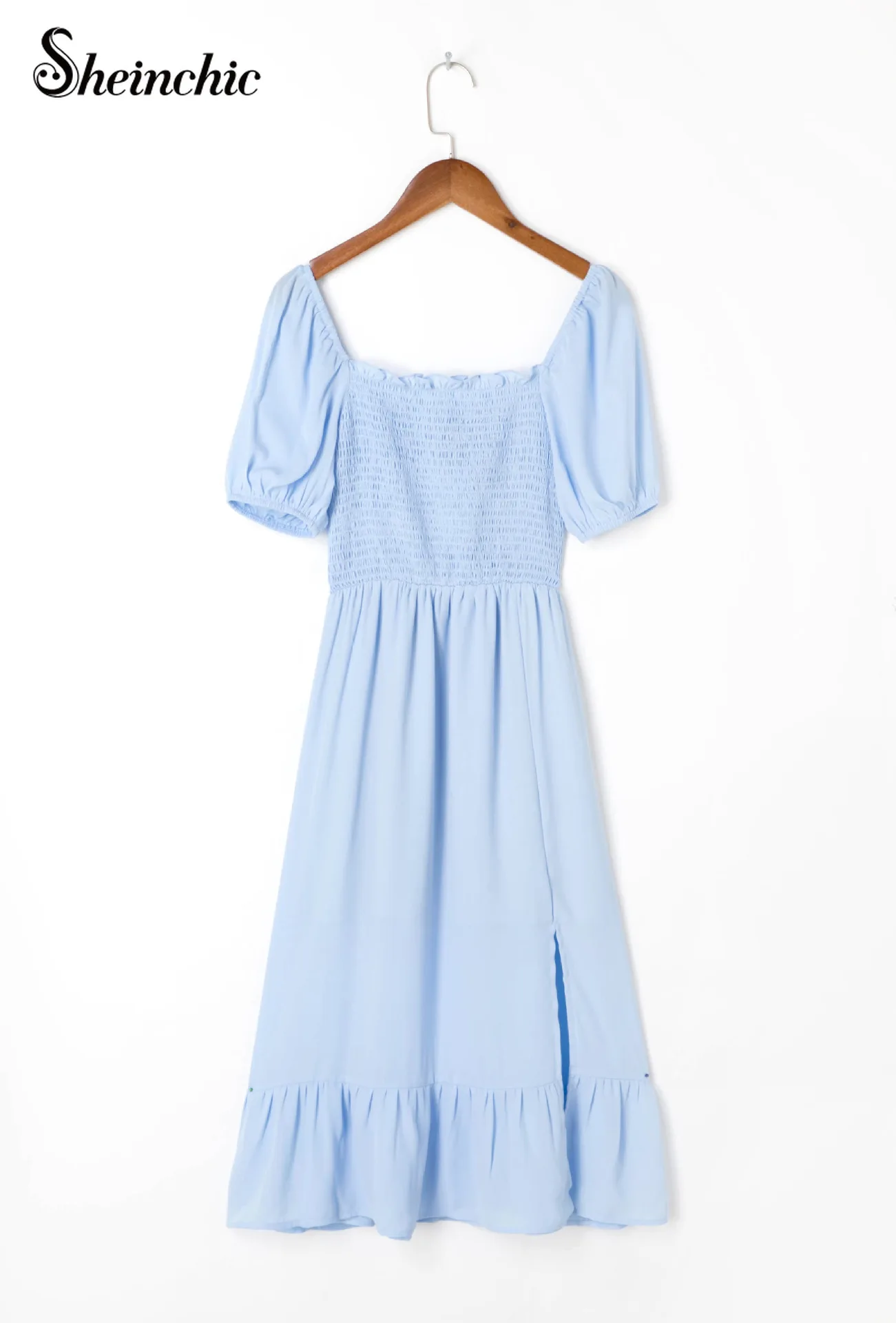 

Blue Vestidos De Mujer Casual 2021 Women Summer Elegant Short Sleeve Pleated Midi Dresses for Women