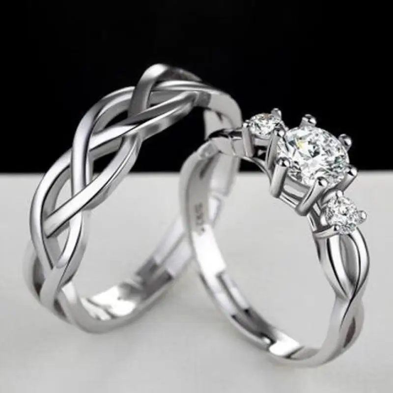 

2Pcs/set Silver Color Charm Lovers Ring Fashion Women Jewelry Crystal Decoration Engagement Wedding Rings For Women Men