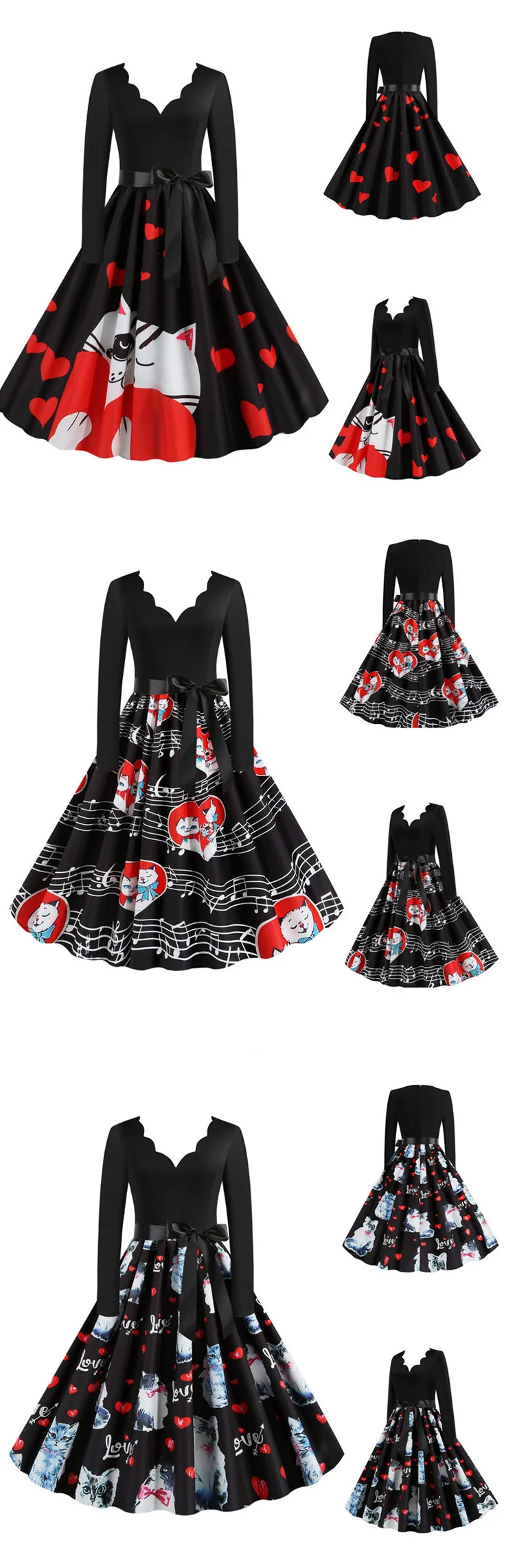 Robe noel femme зимние платья для женщин с длинным рукавом и принтом Винтаж Pinup рокабилли Год Вечерние Платье на День святого Валентина Черный Vestido 3XL