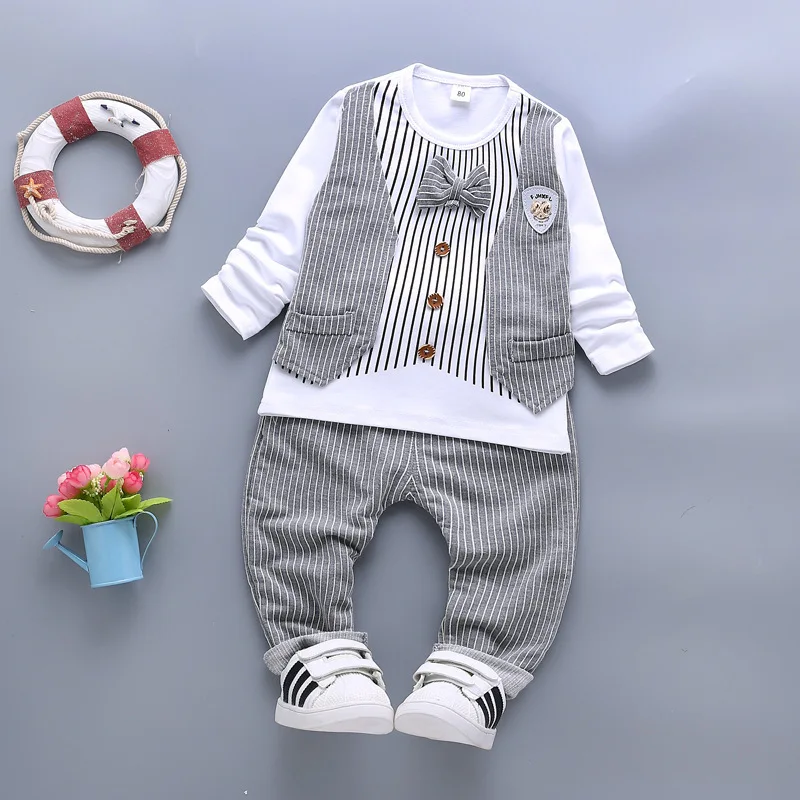 

Boys Gentleman Set Long Sleeve Top Pants 2 Piece Set Children's Wear Striped Bow Vest Fake 2 Piece Set Autumn K1