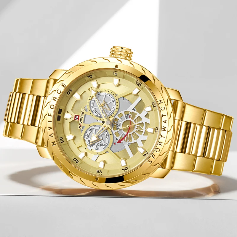 Часы наручные NAVIFORCE Мужские кварцевые роскошные золотистые водонепроницаемые