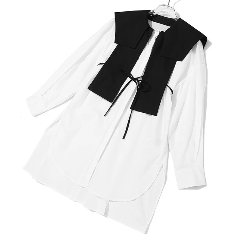 

SeeBeautiful New Fashion 2020 Autumn Patch Fake Two Pieces Round Neck Long Sleeve Single Breasted Loose Dress Women Q766