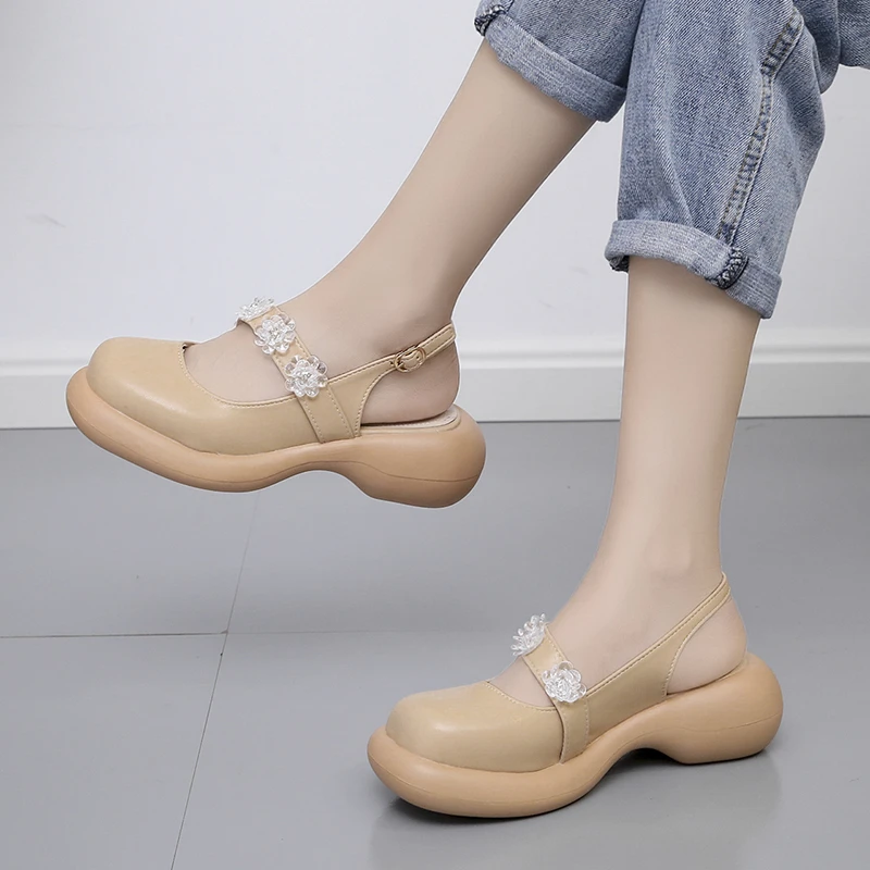 

2012 new style sponge cake sole comfortable wear-resistant one-word buckle female sandals lady apricot flower sandals