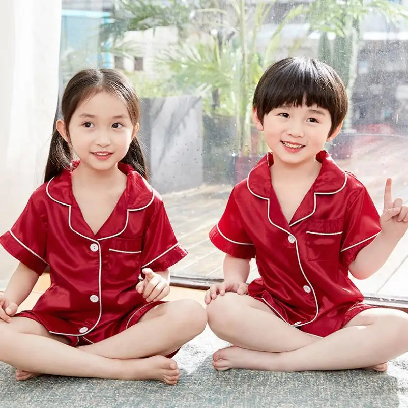 

2021 new girls summer Lapel Solid color silk short-sleeved shorts pajamas set children's home wear toddler boy pajamas suit3-14Y