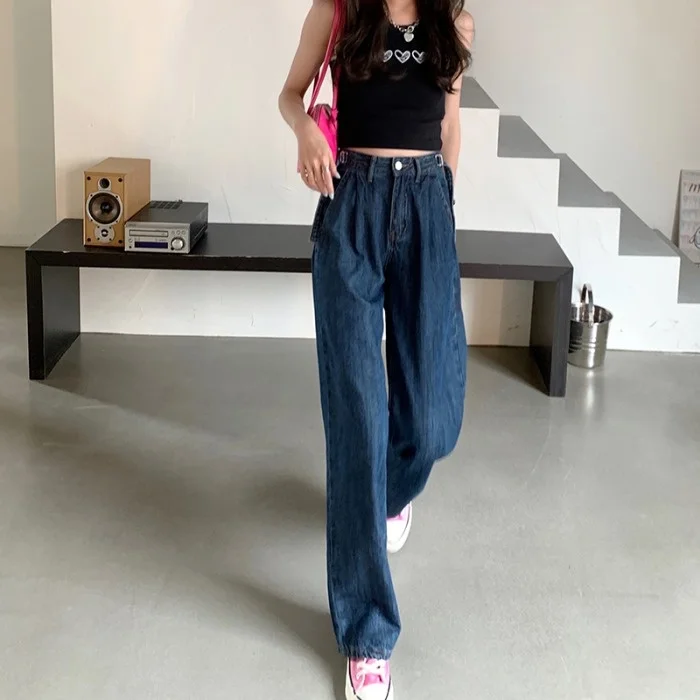 Джинсы Design Sense с завышенной талией темные женские летние брюки прямые свободные