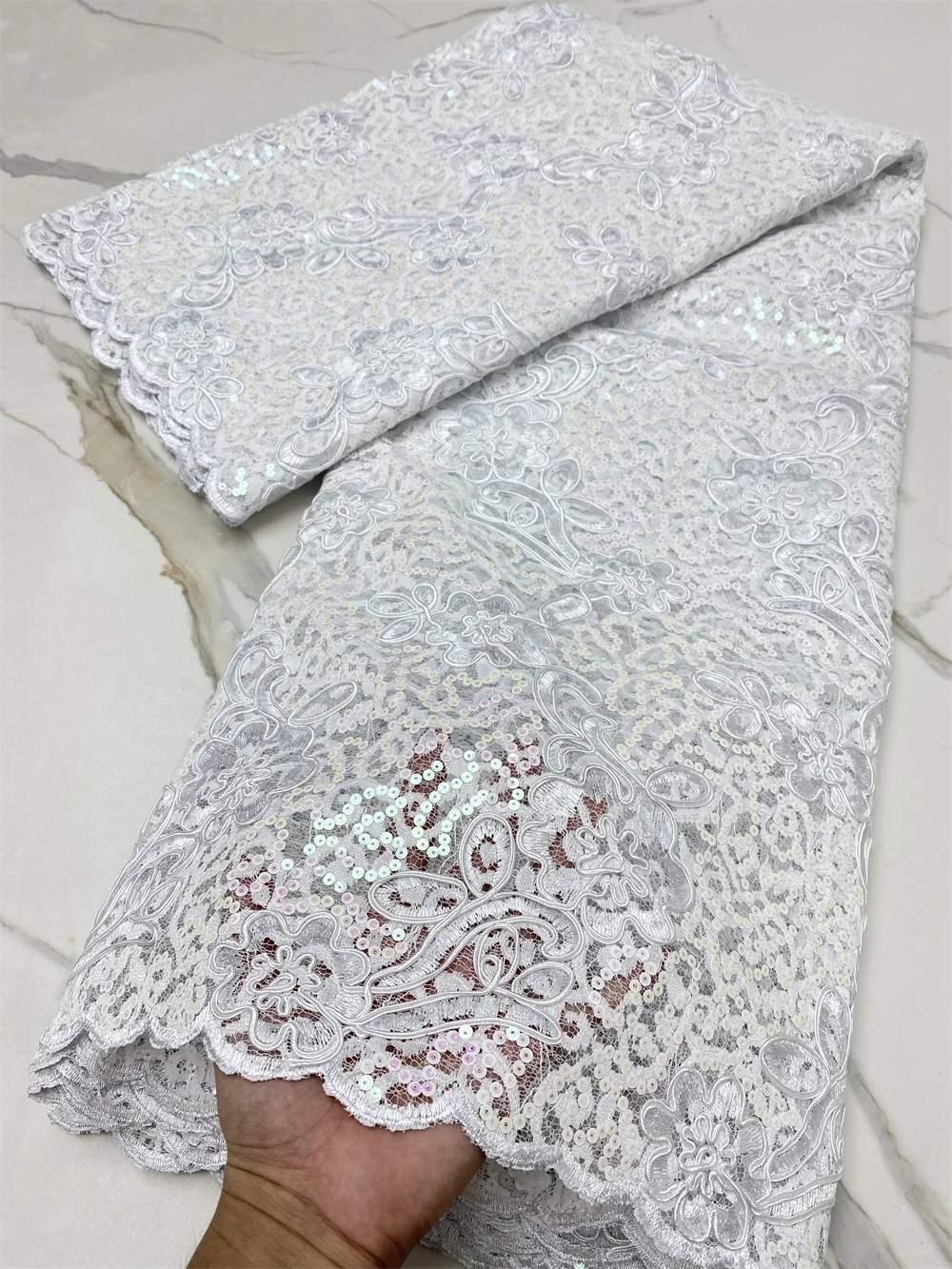 

Luxury Cord Lace White Sequins Lace Fabric 2021 Embroidered Nigerian French Tulle Lace Fabric With Sequins Wedding 4365B