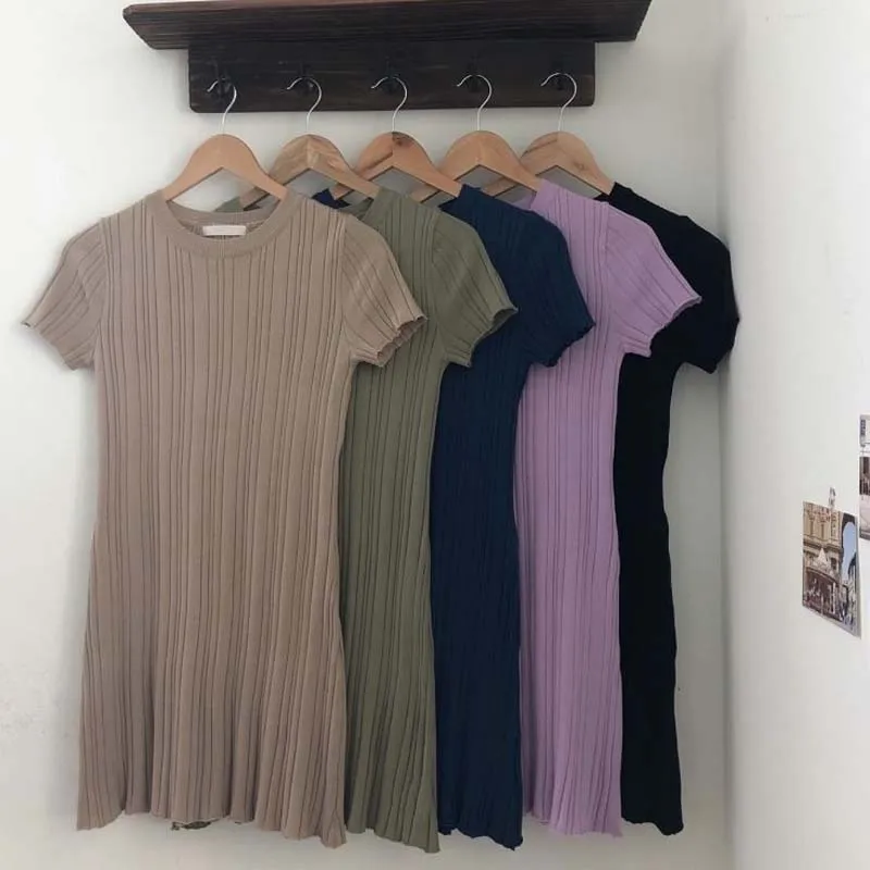 

Summer One-Piece Ice Silk Knitting Sweater Women Mini Dress Korean Chic O-Neck Short Sleeve Elegant All-Match Slim Female Dress