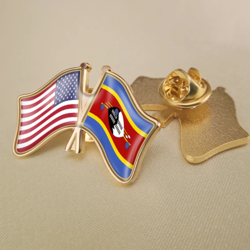 

United States and Swaziland Crossed Double Friendship Flags Lapel Pins Brooch Badges