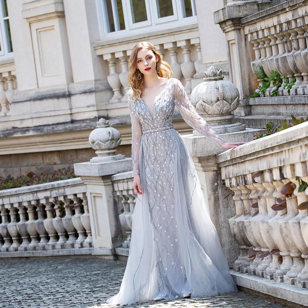Роскошные Серебристые вечерние платья YQLNNE с длинным рукавом 2020 вечернее платье