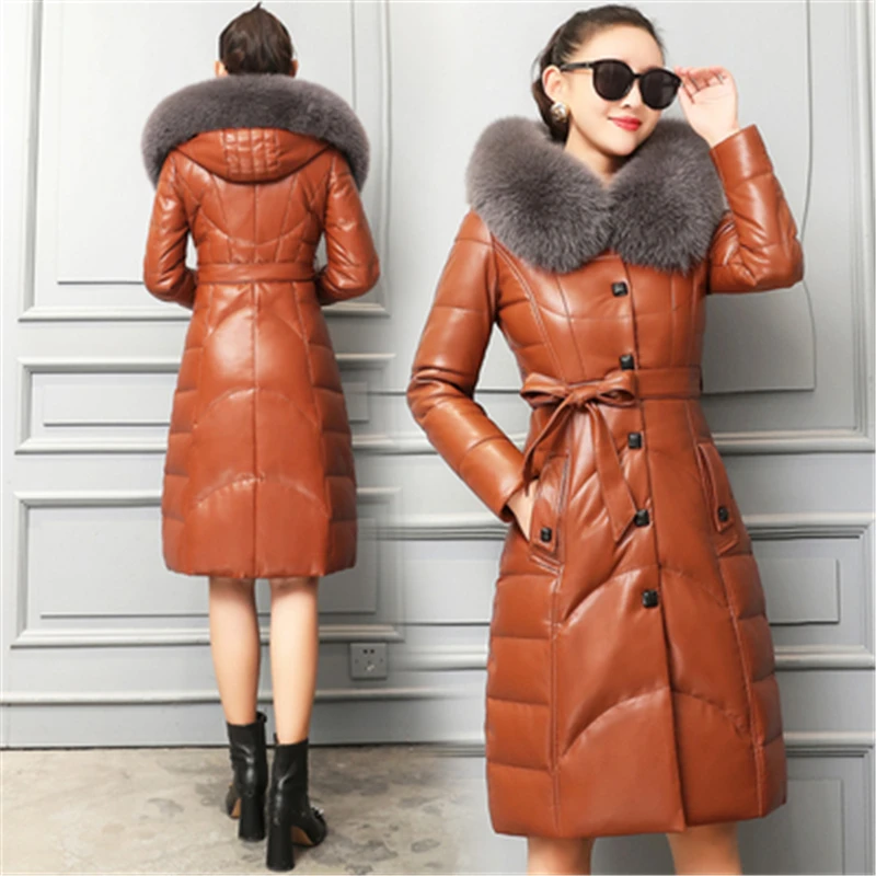 New Women's Fox Fur Collar Down Coats High Quality Winter Elegant Ladies Leather Coats Sheepskin Female Long Coats Overcoat N323 enlarge