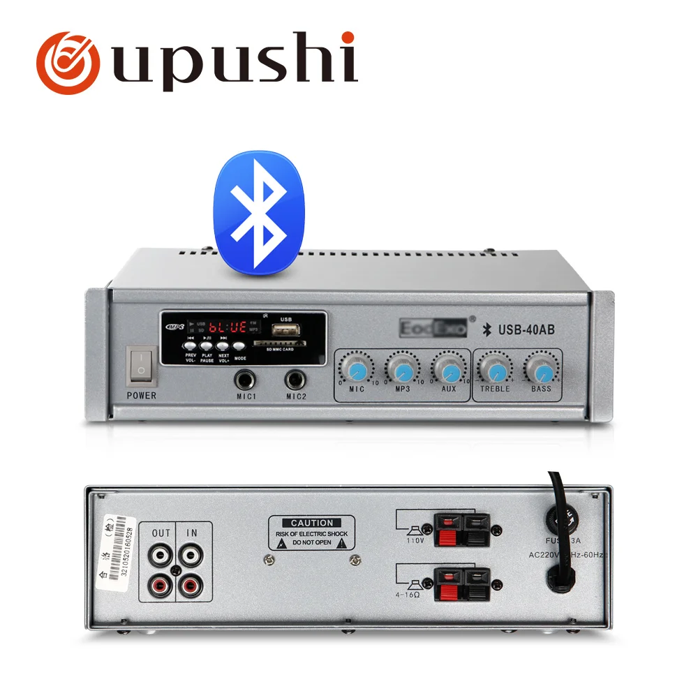 Oupushi Профессиональный Усилитель 2 way вход для микрофона pa bluetooths цифровой усилитель с пультом дистанционного управления USB декодирования и MP3 воспроизведения