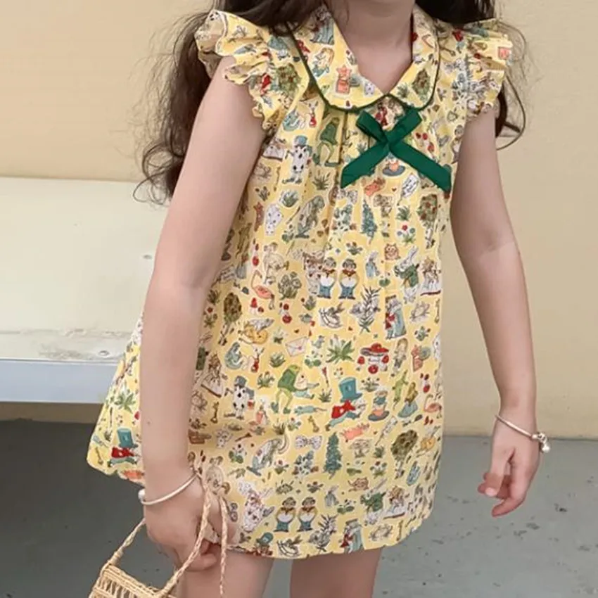 

Baby girl summer printed carton princess dress kids flying sleeve cotton bow a-line dress