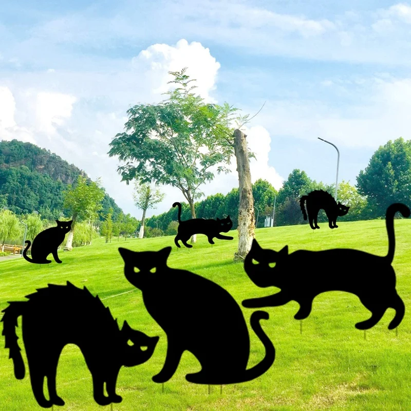 

6PCS Acrylic Yard Cat Signs with Stakes- Black Cat Silhouette Yard Signs with Stakes-Lawn Party Signs Decorations