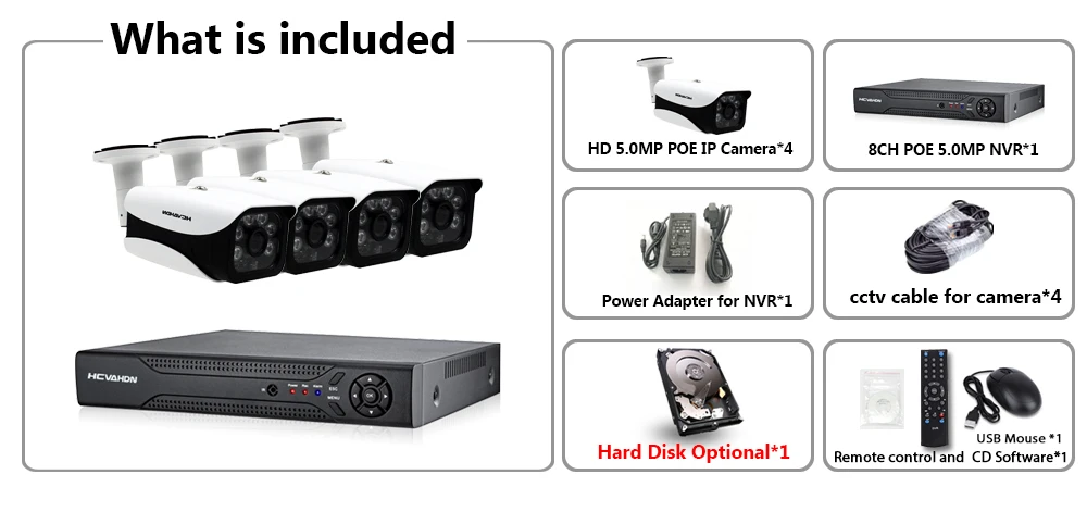 HCVAHDN 8CH комплект для камеры видеонаблюдения HD 5MP цилиндрическая POE ip-камера Водонепроницаемая наружная система ночного видения видеонаблюдения HDMI и VGA