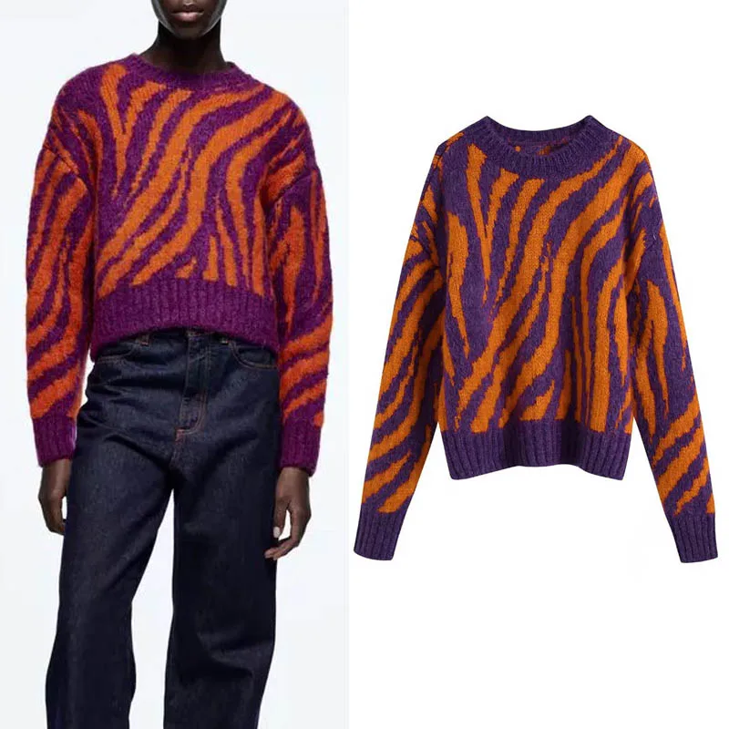 

Женский трикотажный пуловер KUMSVAG, Повседневный свитер в полоску с круглым вырезом, с животными, 2021