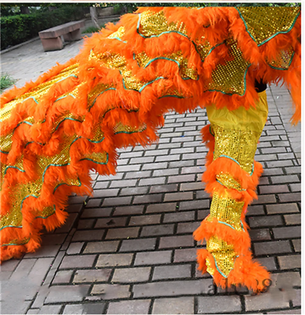 

Lion Dance Mascot Costume Wool Southern Furry Lion China Folk Art for Two Adult Orange Advertising Promotion Carnival Halloween