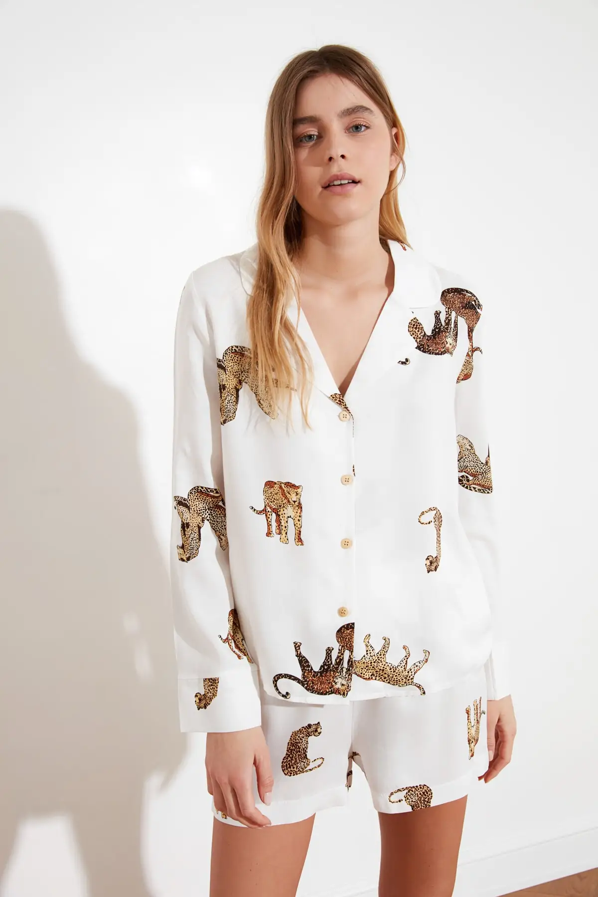 Women's Pajamas set Tiger Printed Woven 100 Viscose Turkish Fabric Shorts and Button Pajamas set