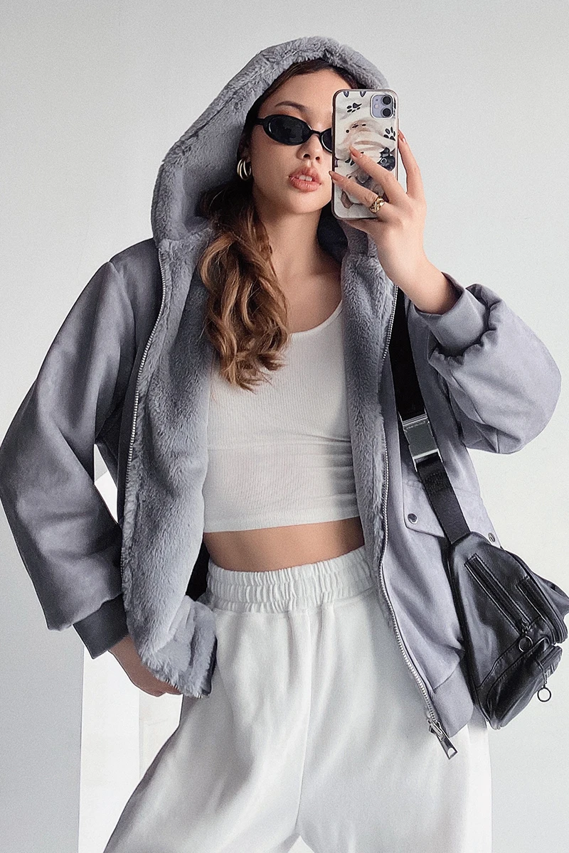 

Europe Plush Warm Loose Jacket Thick Women's Winter Loose Casual Corduroy Suede Hooded Cotton Coats Women Parkas Trend GM5X