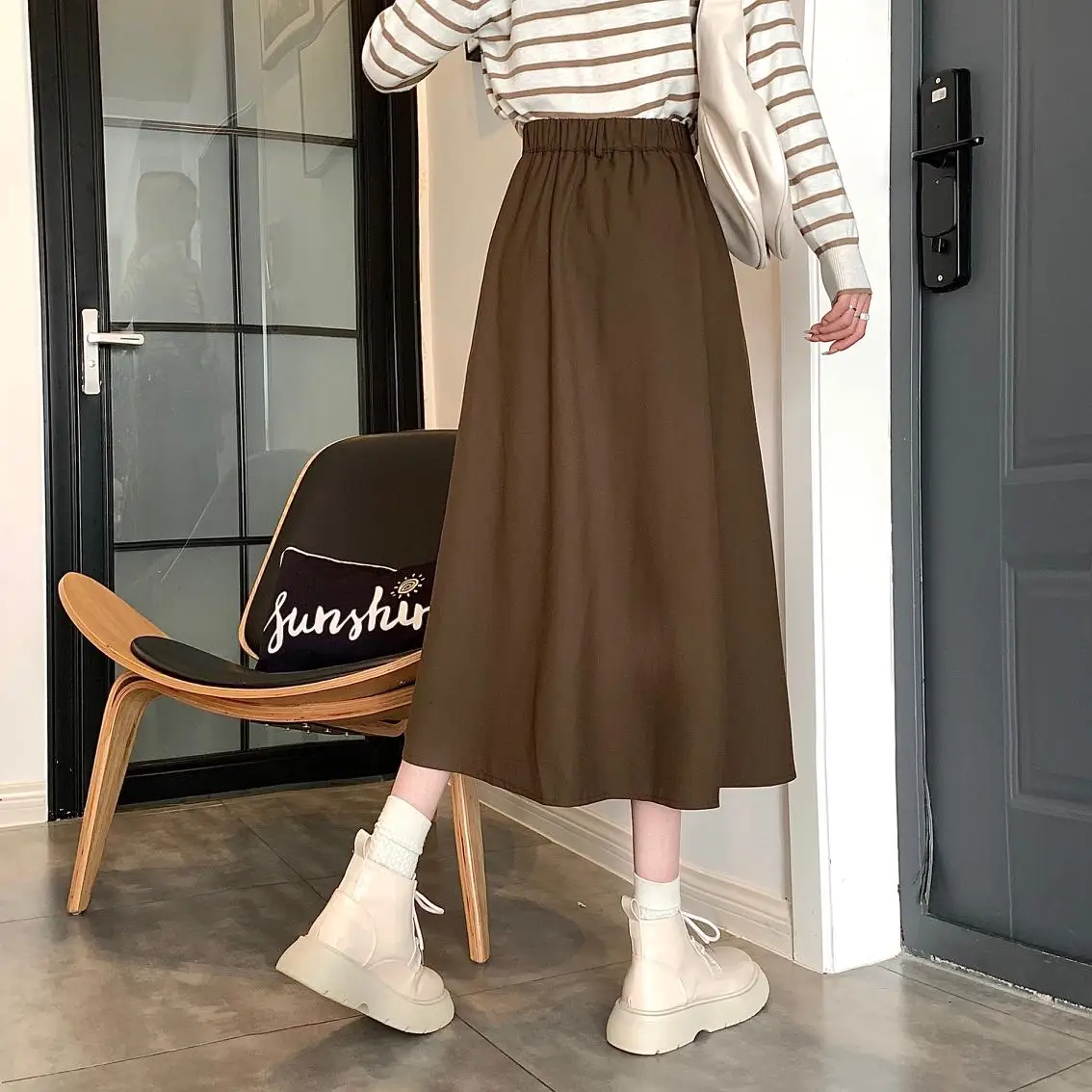 Осенняя элегантная трапециевидная юбка с высокой талией Женская Повседневная