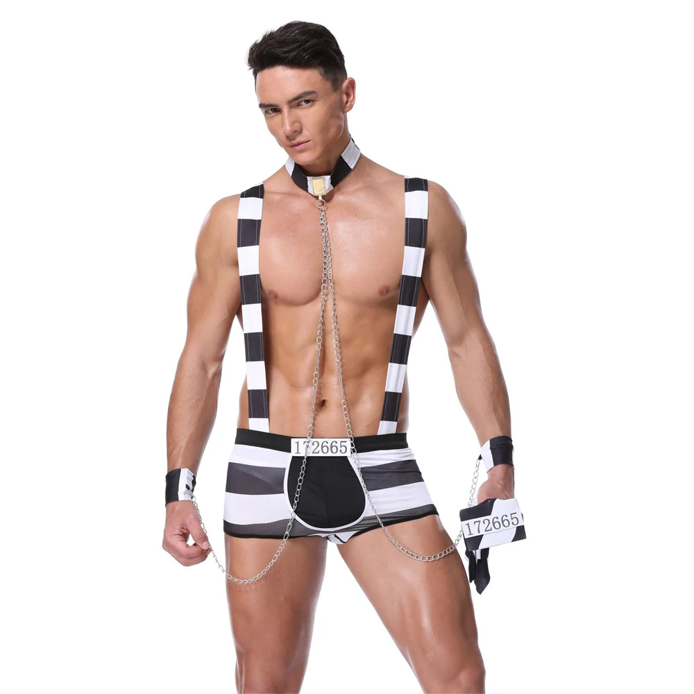 

Sexy New Arrival Convict Criminal Zombie Black White Stripe Prisoner Costume Halloween Costume For Men Party Cosplay