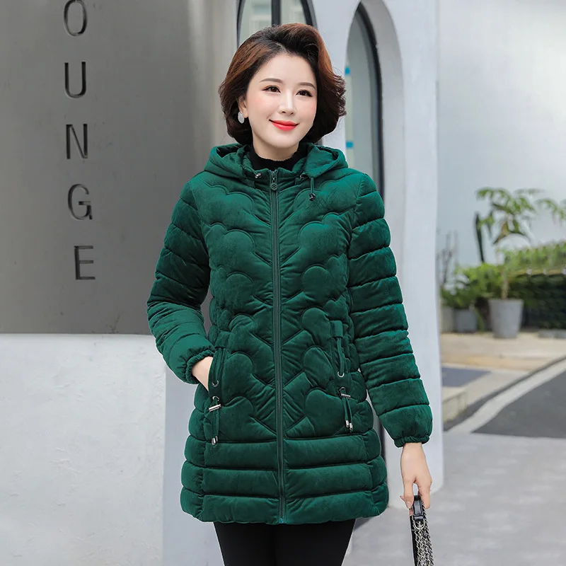 Winter Women Cotton Clothing 2022 Gold Velvet Middle-aged and Elderly Mothers Wear Mid-length Slim and Thick Down Cotton Jacket