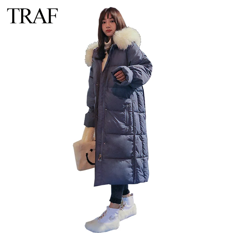 

TRAF Cotton Coat Female Winter Long Section Big Fur Collar Down Cotton Quilt Large Size Loose Warm Jacket Ms Snow Outerwear