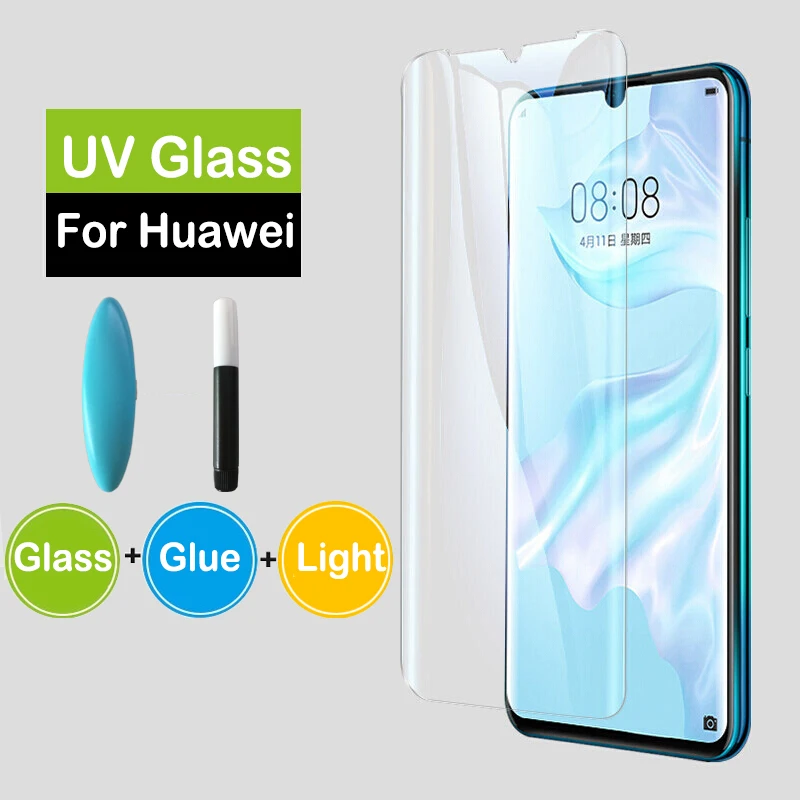 Закаленное стекло для Huawei P40 P30 Pro УФ-защита экрана 100D с полным наклеиванием P20 Mate 20