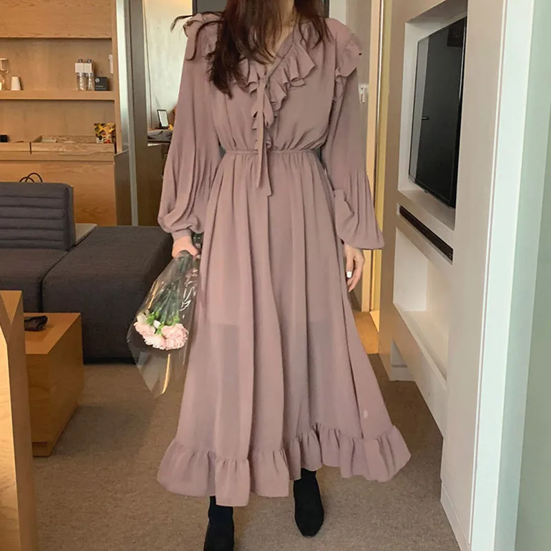 Корейское осеннее винтажное женское платье с рюшами Ретро элегантные облегающие
