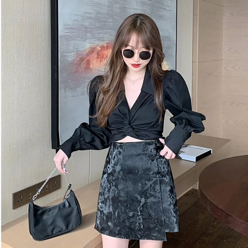 Хипстерская рубашка с отложным воротником и рукавами-фонариками кроп-топ модная