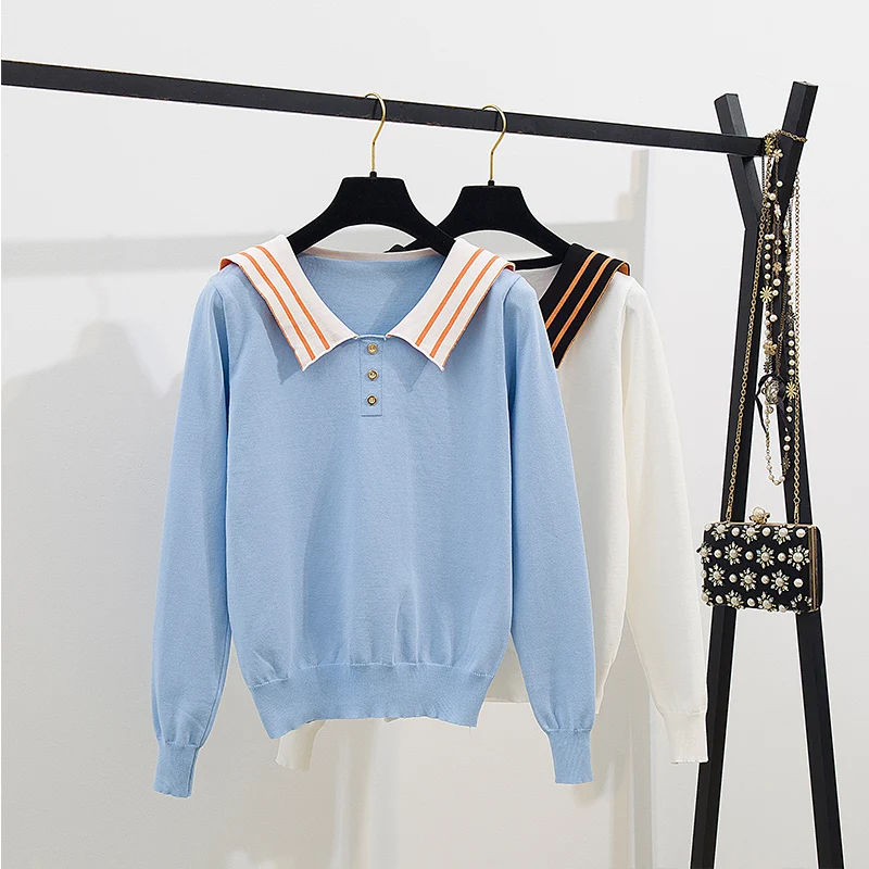 

fall fashion suits navy collar knitting sweater women leisure wear outside stripe color matching skirts a-line skirt girl outfit