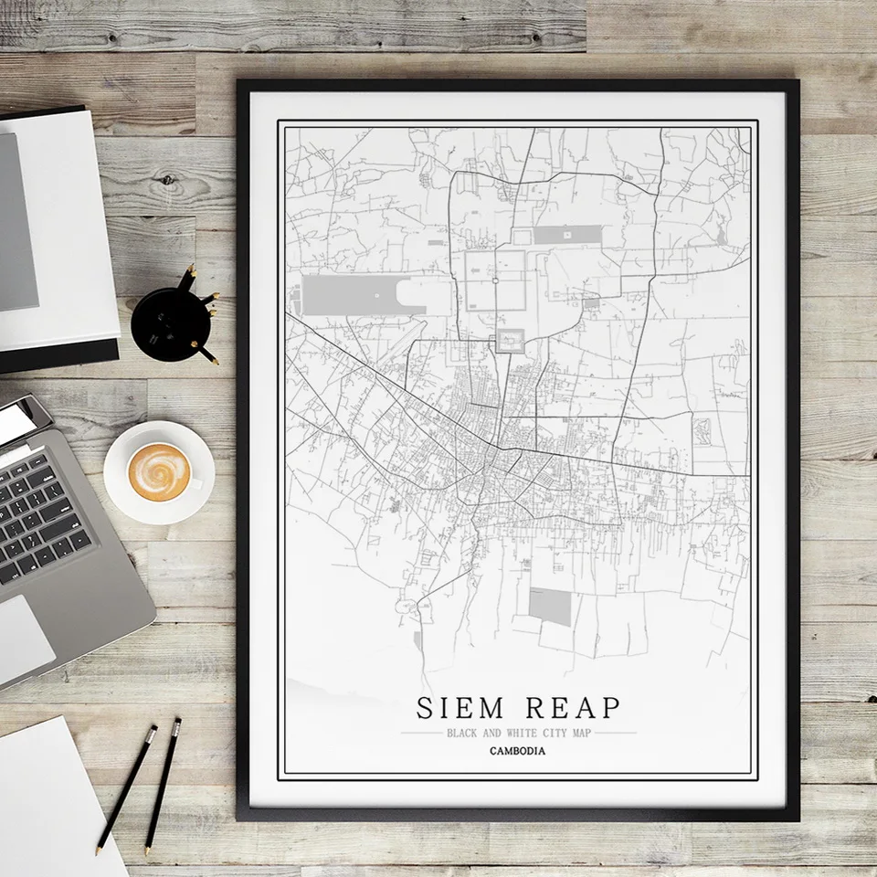 Камбоджа черно-белая карта города плакат Скандинавская гостиная Пномпень