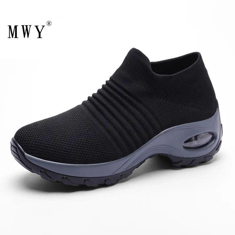 MWY Sock Flats Shoes Women Breathable Platform Sneakers Schuhe Damen Increased Casual Shoes Stretch Fabric Outdoor Loafers Women
