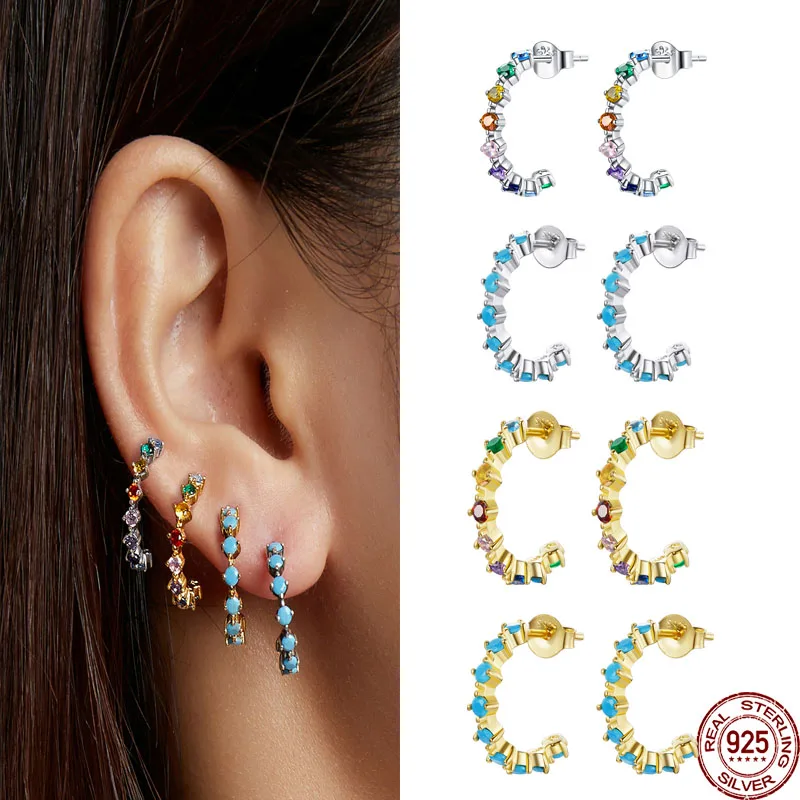 

WOSTU 925 Sterling Silver Circle Earrings Azure Ear Buckles Colorful CZ For Women Fashion Silver Jewelry Gift CQE1014-A