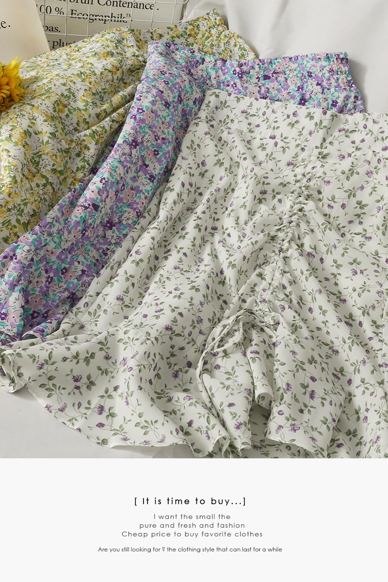 

2021 Summer floral drawstring ruffled skirts women high waist chiffon skirt
