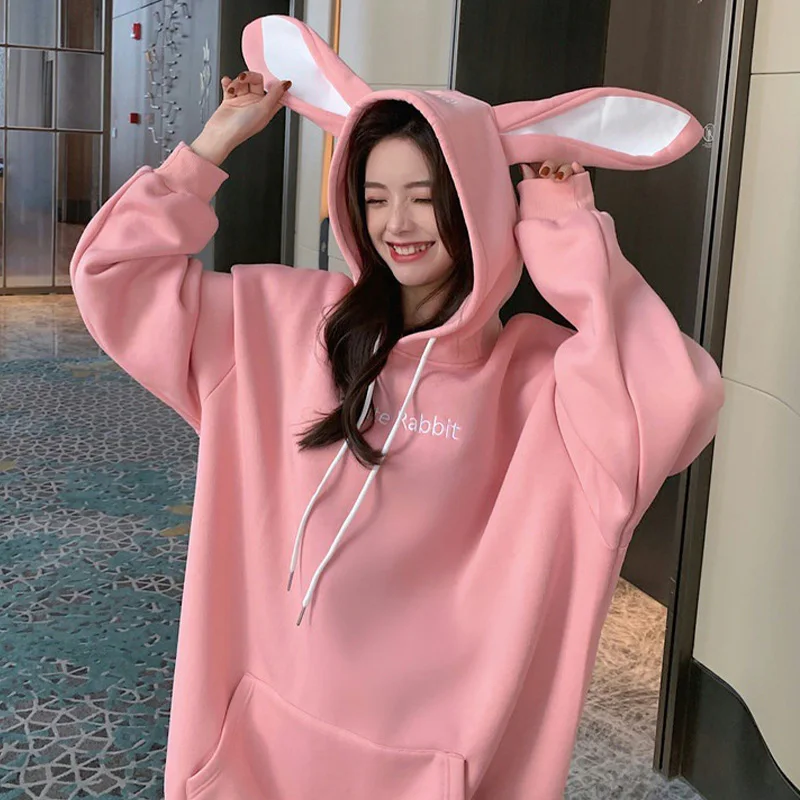 

NEW Kawaii Hoodie Rabbit Ears Oversized Casual Pullovers Anime Women's Sweatshirt Streetwear 2021 Autumn Winter Woman Clothes