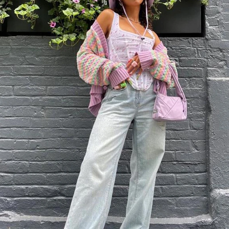 

Женский однобортный Кардиган в радужную полоску, разноцветный вязаный кардиган с V-образным вырезом и длинным рукавом, Повседневная Свобод...