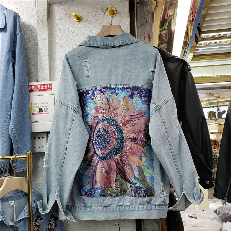 

Harajuku Vintage Patch Print Diamond Hole Denim jacket Boho Vetement Femme Loose Casual Long sleeve Women Light Blue Jeans Coat
