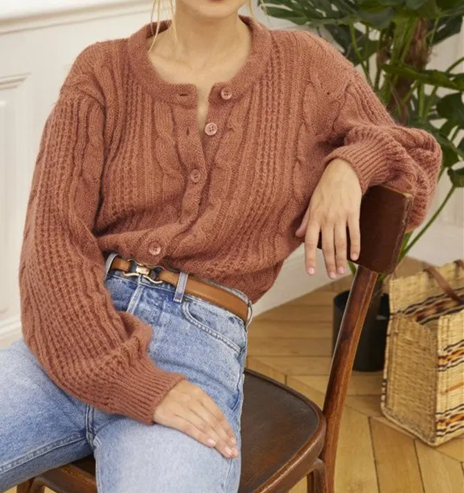 

Women Sweater 2020 Autumn and Winter New Soft Texture Front Button Retro Cable Crochet Sweater