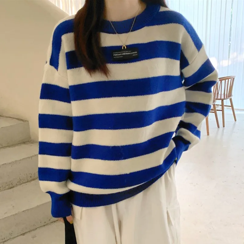 

Женские Повседневные свитера с длинным рукавом, Новое поступление 2021, Осень-зима, простой стиль, о-образный вырез, полосатые свободные женск...