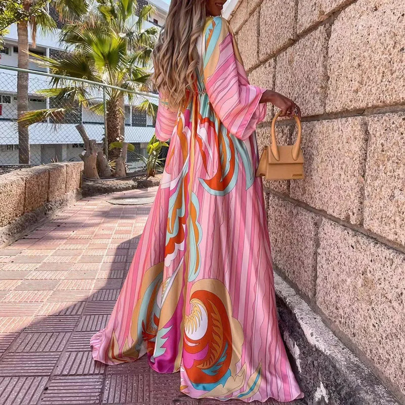 

New Deep V Neck Printing Hem Maxi Dress Women Elegant Button Elastic Waist Long Party Dress Spring Summer Loose Slit Beach Dress