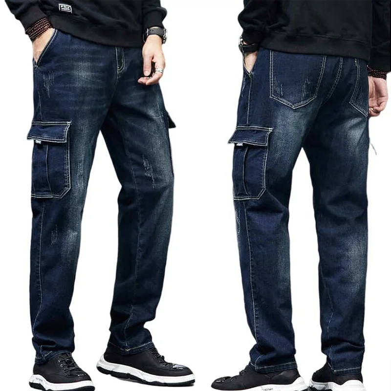 Multi-Pocket Cargo Jeans Men Military Denim Pants Loose Wear-Resistant Stretch Jeans Oversize Size 28-44 Jeans Men