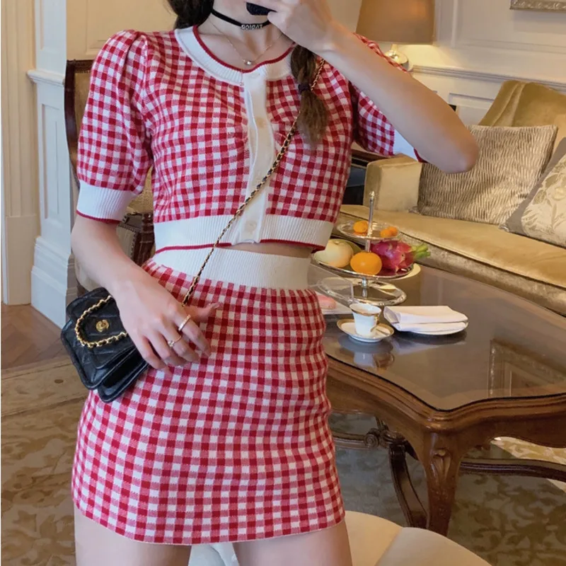 

Summer Sweet Knit 2 Piece Set Women Sexy Crop Top + Bodycon Mini Skirts Sets Plaid Short Cardigan & Skirt Tracksuits Sweat Suits